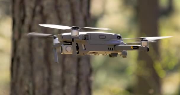 Drone Copter Που Φέρουν Ψηφιακή Φωτογραφική Μηχανή Στο Δάσος — Αρχείο Βίντεο