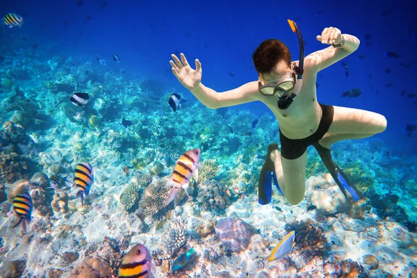 Snorkeler Maldives Indian Ocean coral reef. — Stock Photo, Image