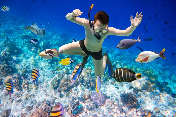 Snorkeler Maldives Indian Ocean coral reef. — Stock Photo, Image