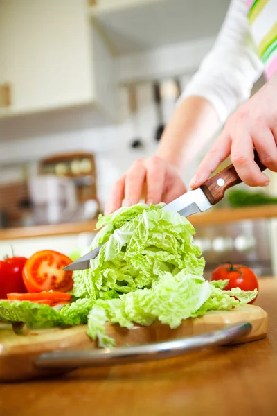 Le mani della donna che tagliano verdure — Foto Stock