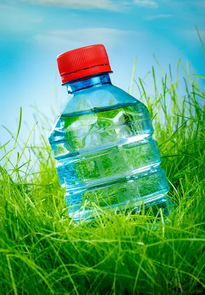 Бутылка воды на траве — стоковое фото