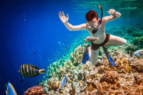 Snorkeler Maldivler Hint Okyanusu mercan. — Stok fotoğraf