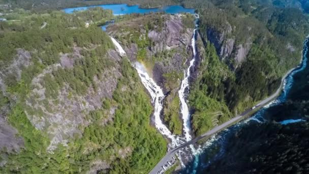 Aerial footage Latefossen waterfall Norway — Stock Video