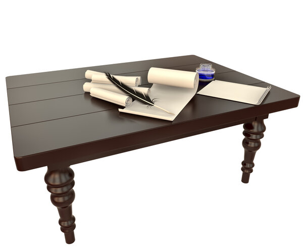 Old-fashioned feather with ink on the desk