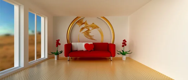 Habitación con sofá y decoración de dragón dorado Fotos de stock