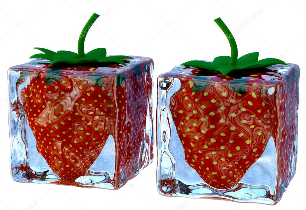 two melting ice cubes with sweet ripe strawberries