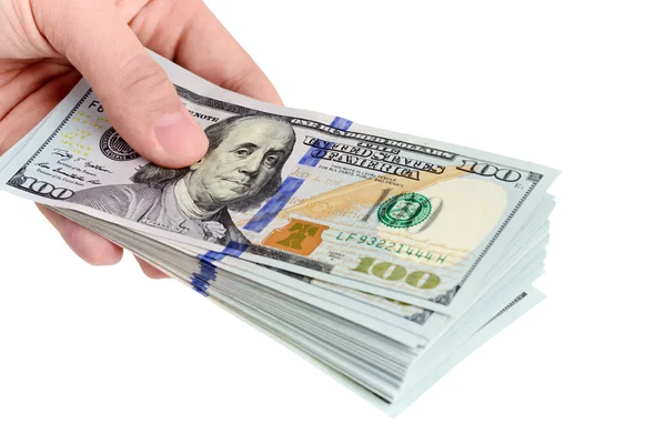 Ręczne trzymanie banknotów 100 dolarowych — Zdjęcie stockowe