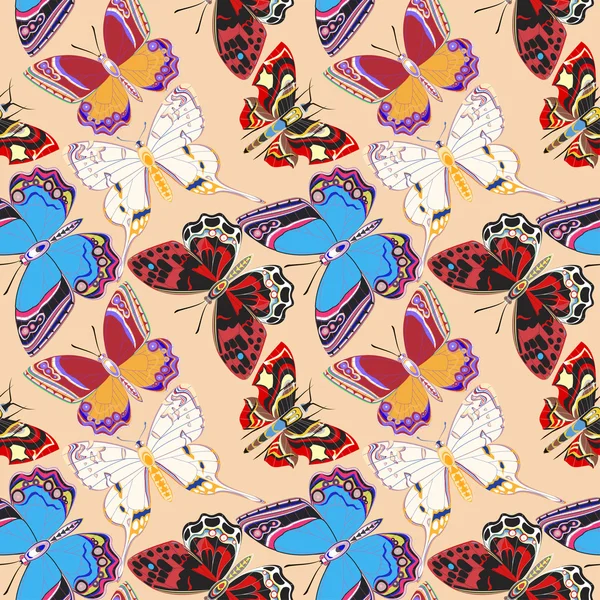 Ilustración fondo sin costuras mariposas decorativas de colores — Vector de stock