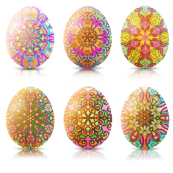 Ilustrasi Set telur Paskah dengan ornamen dan refleksi - Stok Vektor
