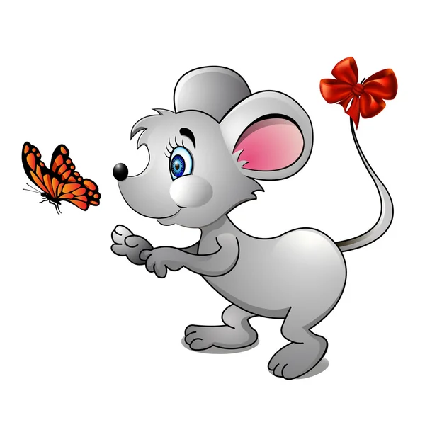 Ilustración de un ratón de dibujos animados y mariposa brillante — Vector de stock