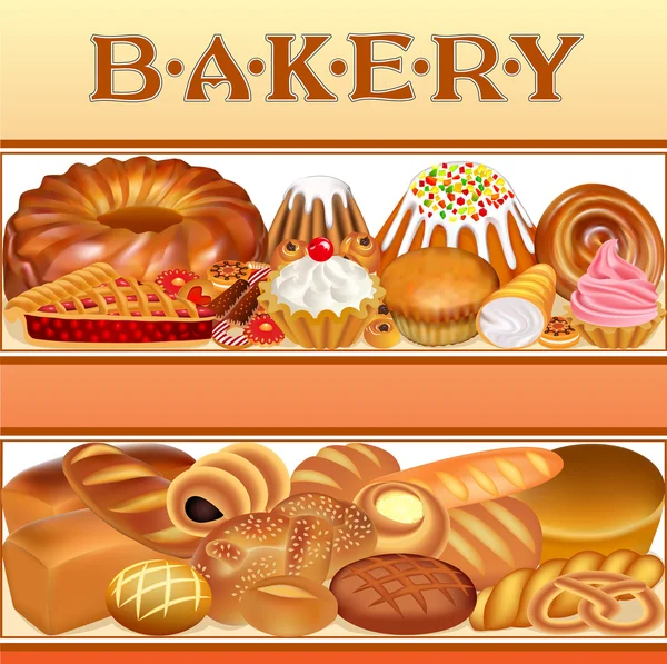 Illusztráció háttér egy sor különböző kenyér és pékség — Stock Vector