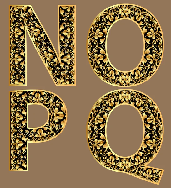 Ilustracja złoto rocznika dekoracyjne znaki czcionki nopq — Wektor stockowy