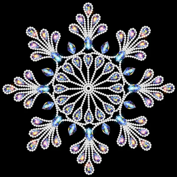 Illustratie glanzende sneeuwvlok gemaakt van edelstenen op zwarte achtergrond — Stockvector