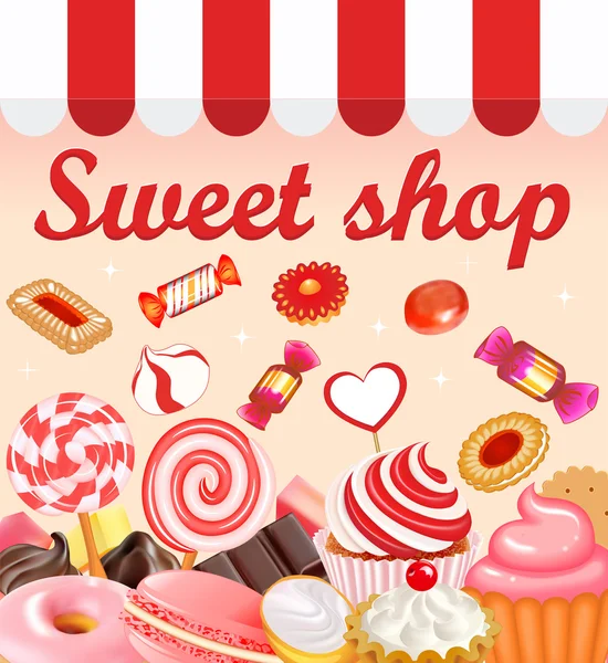 Sfondo con dolci dolci, cibo, caramelle, ciambelle, lecca-lecca , — Vettoriale Stock