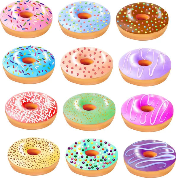 Illustration set of colored donuts with icing and different grit — Stock Vector