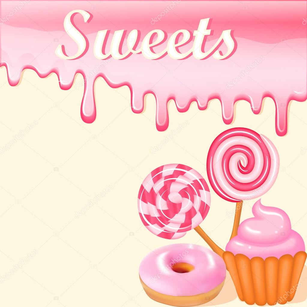 Sweet dessert food frame background glaze stains. Pink candies, donuts and muffins with strawberry sweets inscription