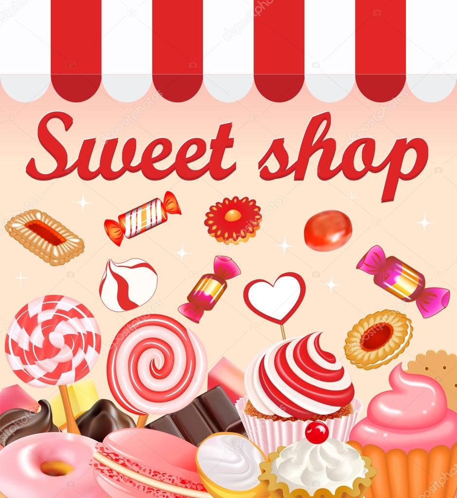 Background with sweet desserts, food, candy, donuts, lollipops, chocolate. Pink cupcake, donut and gingerbread with cherries and pastry inscription