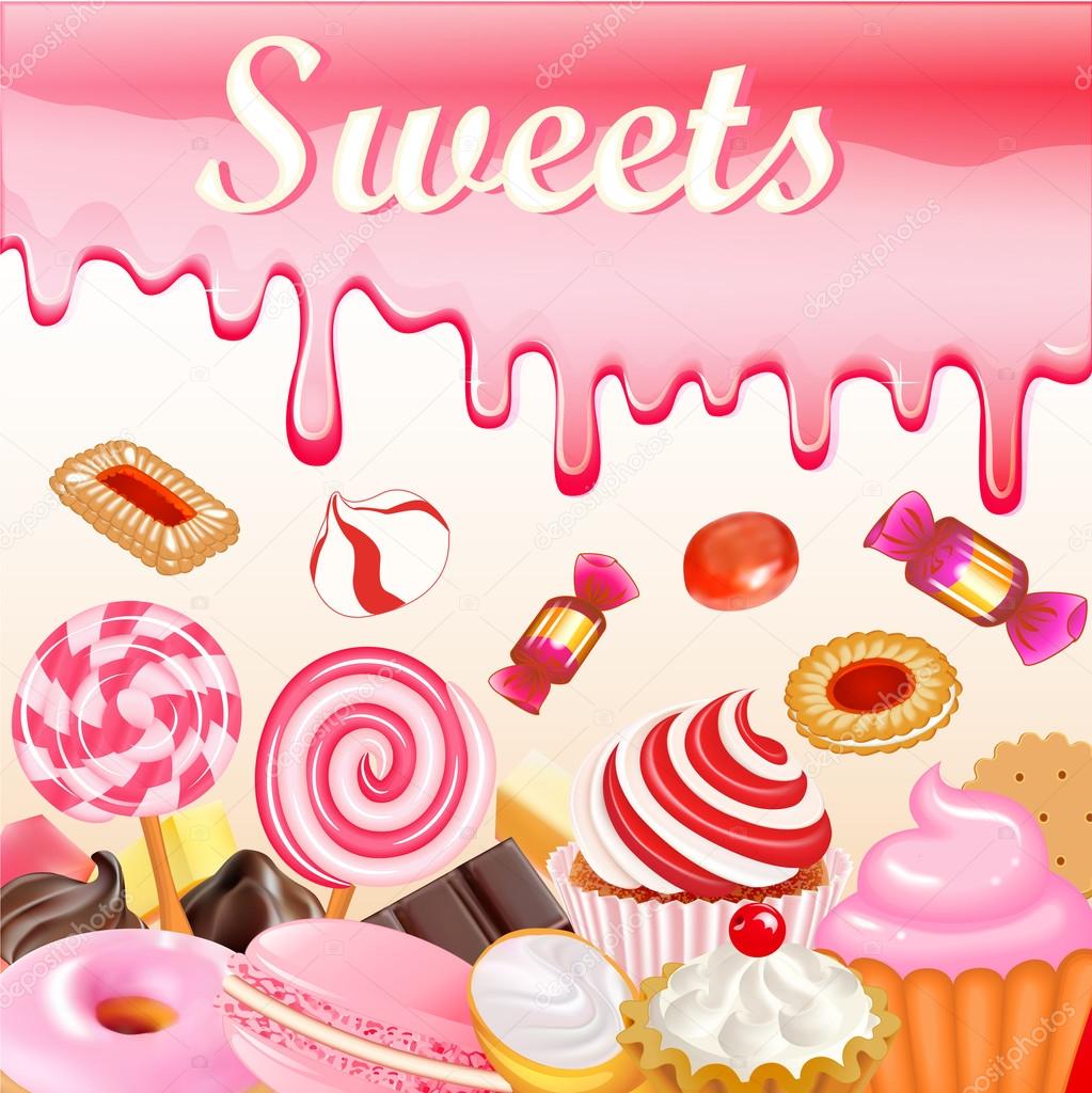 Sweet dessert food frame background glaze stains. Pink candies, donuts and muffins with strawberry sweets inscription