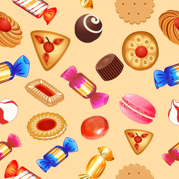 Ilustração sem costura fundo com doces e biscoitos — Vetor de Stock