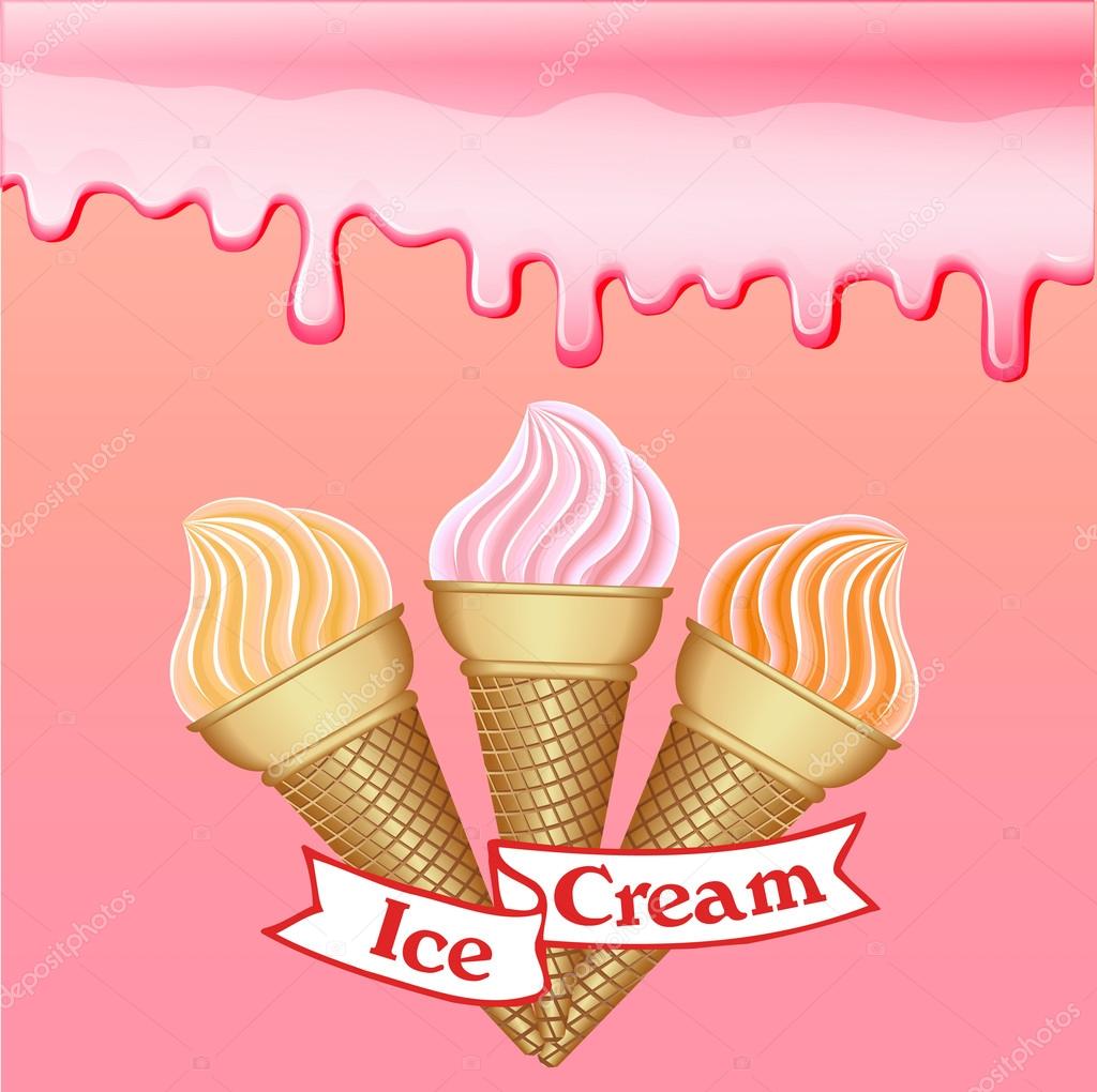 Illustration background with the influx of strawberry cream and with a set of fruit ice cream with a ribbon