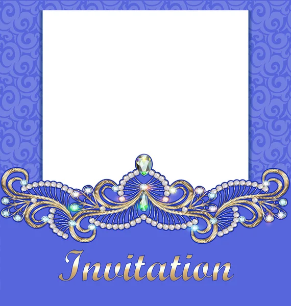 Elegante achtergrond met gouden sieraad met diamanten sieraden juwelen, sieraden frame, vintage briefkaart voor uitnodiging sjabloon — Stockvector