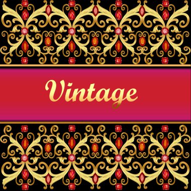 Vintage golden background, jewelry red gems gold frame with fili clipart