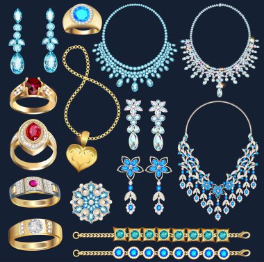 Kolyesi, küpeleri, kolyesi ve tacı olan çok renkli değerli taşları, boncukları ve incileri olan bir mücevher seti..