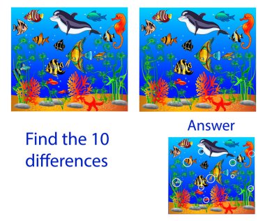 Çocuklar için Görsel Bulmaca: Yunus ve denizdeki balıklardan on farklılık bulun