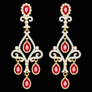 Değerli taşları olan altın küpelerin tasviri