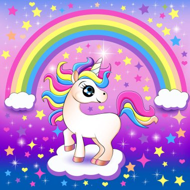 Gökkuşağı ve yıldızlı bulutların üzerindeki parlak bir tek boynuzlu atın tasviri