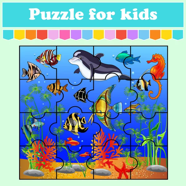 Çocuklar için bulmaca oyunu. Yunus ve balık denizde. Eğitim ödevi. Renk etkinliği sayfası. Anaokulu bilmecesi. İzole vektör çizimi. Çizgi film biçimi.