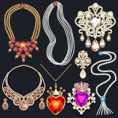 Kalp ve taç, broşlar, kolye, kolye, mücevher küpeler.