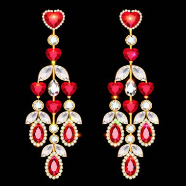 Yakutlu ve değerli taşlı altın mücevher küpeleri.