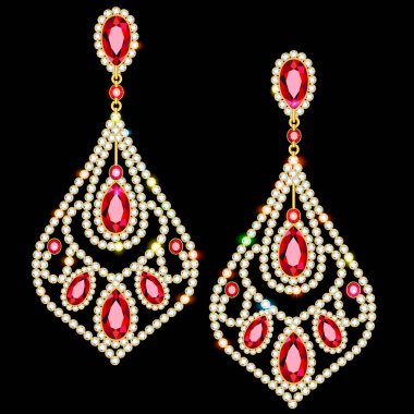 Yakutlu ve değerli taşlı altın mücevher küpeleri.