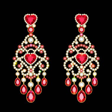 Yakutlu ve değerli taşlı altın mücevher küpeleri.