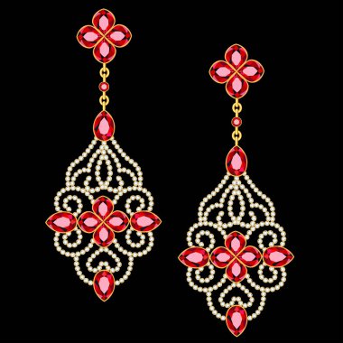 Yakutlu ve değerli taşlı altın mücevher küpeleri.