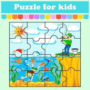 Çocuklar için bir bulmaca oyunu. Balıkçı şakası. Eğitim ödevi. Renk etkinliği sayfası. Anaokulu öğrencileri için bir bilmece. İzole vektör çizimleri. Çizgi film biçimi. 
