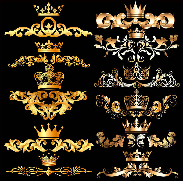 Набор филигранных дамасских украшений. Цветочные золотые элементы, границы, разделители, рамки, коронки для страницы, веб-дизайн. Украшение страницы в винтажном стиле на черном фоне.