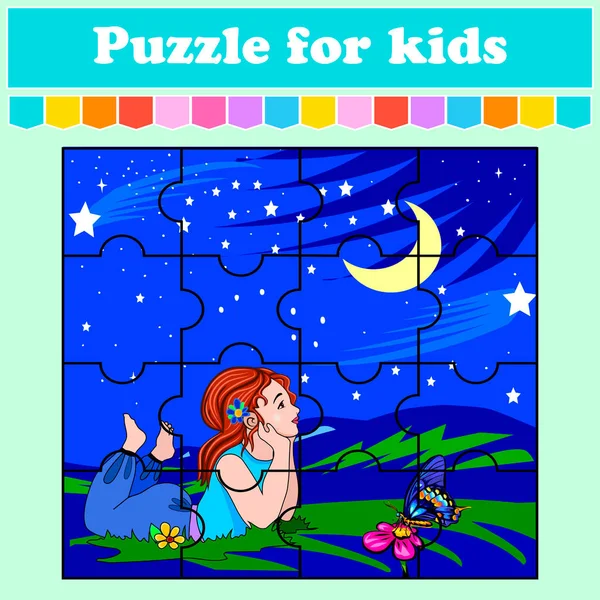 子供のためのパズルゲーム 少女と星空の夜 教育ワークシート カラーアクティビティページ 未就学児のための謎 孤立したベクトルイラスト 漫画風 — ストックベクタ