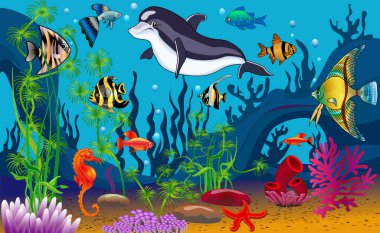 Denizin dalgalı sularında bir yunus ve balık tasviri.