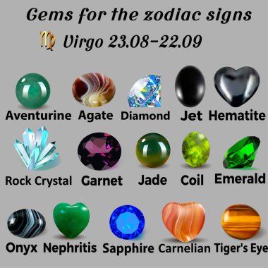 Table of illustrations: Precious stones for the signs of the zodiac Virgo clipart