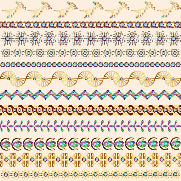 Иллюстрация Набора Винтажных Конструкций Золота Драгоценных Камней Границ Бесшовный Рисунок — стоковый вектор