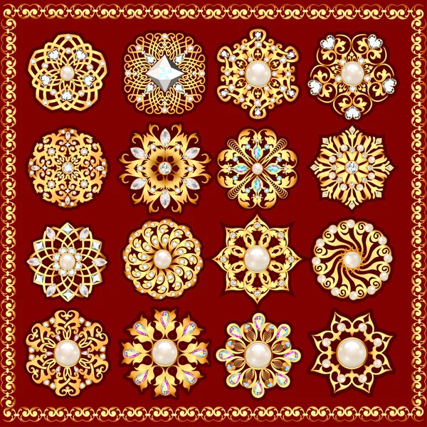 Иллюстрационный Набор Ювелирных Винтажных Подвески Украшения Бусин Золотого Цвета Драгоценных — стоковый вектор