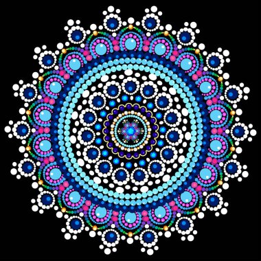 Nokta boyama tekniğini kullanarak yapılmış bir mandala broşu tasviri