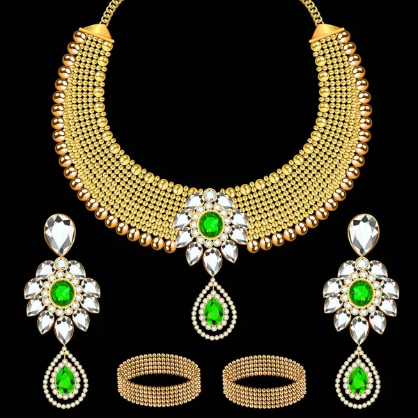 Illustration Set Jewelry Gold Vintage Necklace Precious Stones Earrings Bracelets — Stock Vector