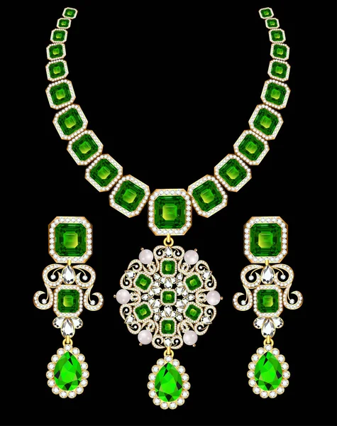 Illustration Uppsättning Halsband Och Örhängen Bröllop Kvinnliga Diamant Och Smaragd — Stock vektor