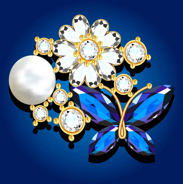 Ilustración Broche Forma Flor Una Mariposa Oro Con Piedras Preciosas — Vector de stock