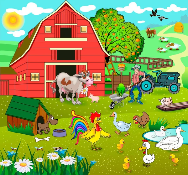 農場と夏の風景 ピッチフォークを持つ農家は 干し草をホイールバローにロードします 牛や豚 ガチョウ アヒル 鶏などの家畜が庭を歩く 村の漫画風の生活 — ストックベクタ