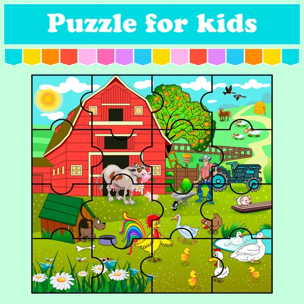 Puzzle Juego Para Niños Casa Aves Cerdo Vaca Ovejas Hoja — Archivo Imágenes Vectoriales