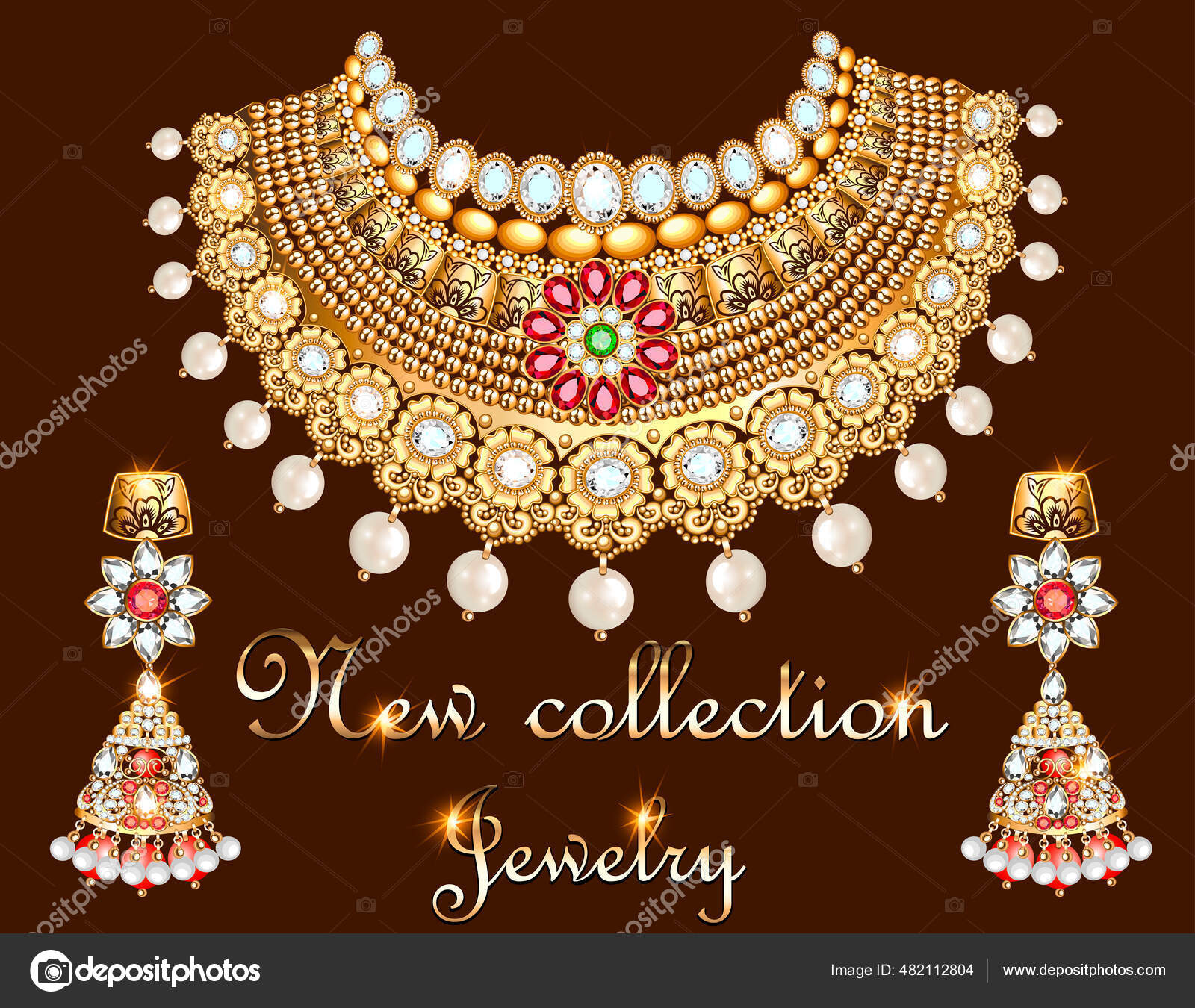 Illustration Set Elegant Necklace Earrings Precious Stones Pearls Inscription Jewelry Stock